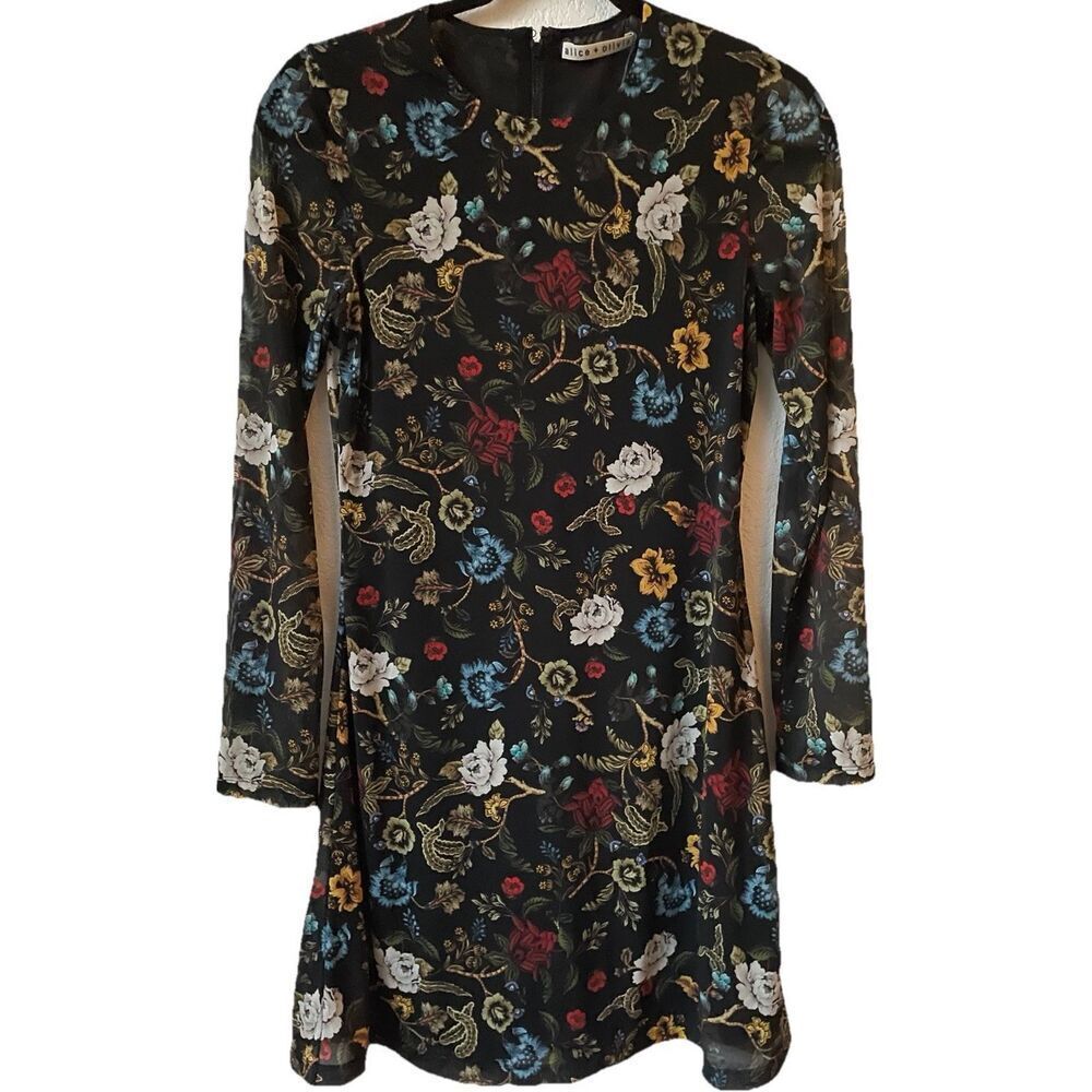 New Alice + Olivia, Delora Floral Mesha Long Sleeve Mini Dress Size 6 - Picture 9 of 9